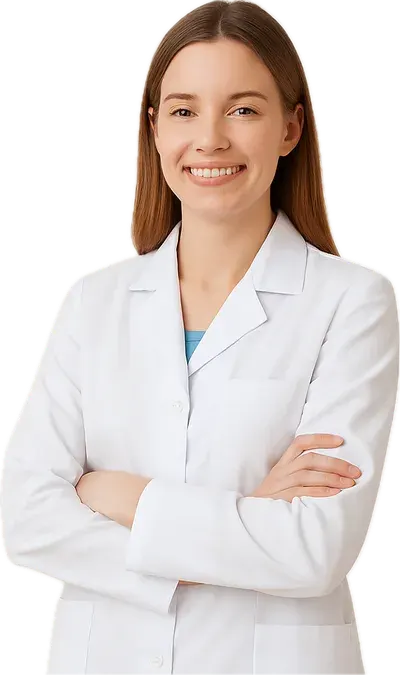 Profesjonalna farmaceutka w białym fartuchu - uśmiechnięta kobieta z założonymi rękami